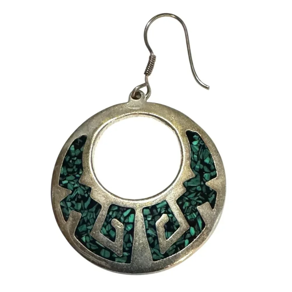 Southwestern Handcrafted 925 Sterling Silver Turquoise Dangle Hoop Earrings 14g - Picture 2 of 5